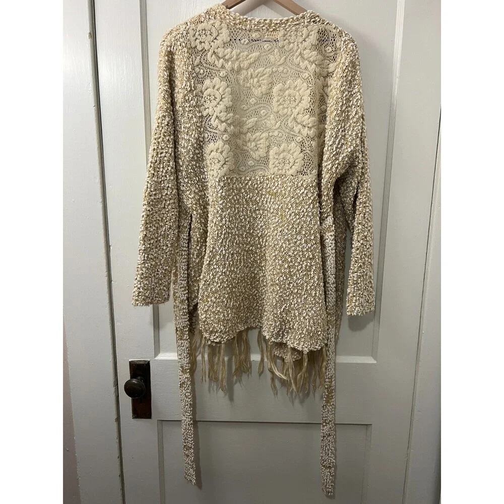 Ryu Women's Tan White Popcorn Long Open Cardigan With Tie Size S / M